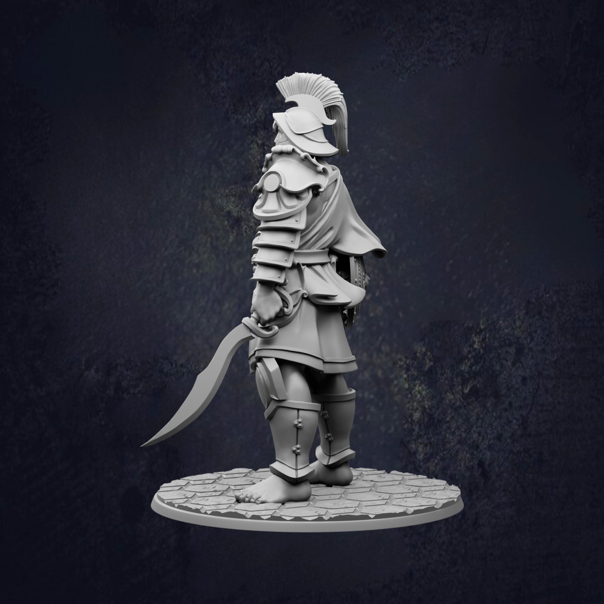 A statue of a warrior standing in a defensive stance, wearing a helmet and armor, holding a sword in their right hand.