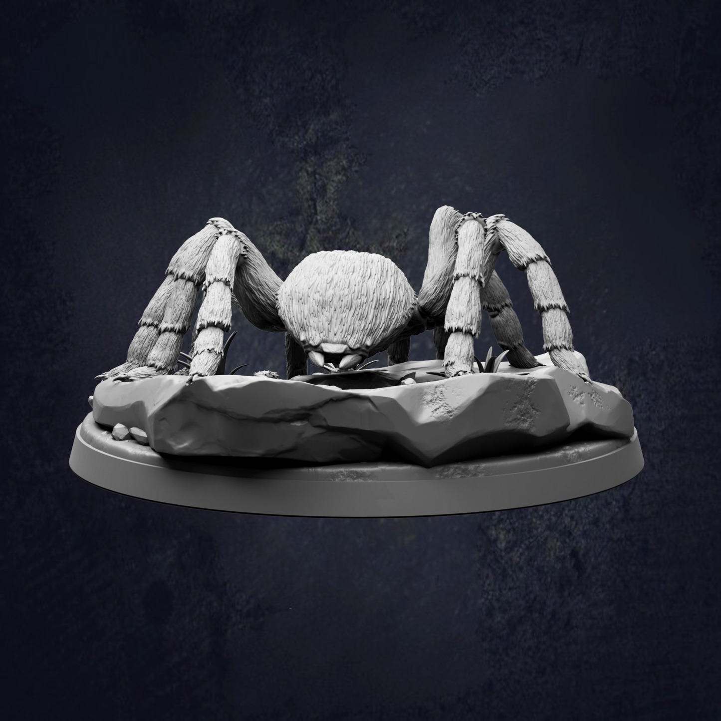 A detailed 3D model of a large spider with hairy legs and a round body, sitting on a rock formation against a dark background.