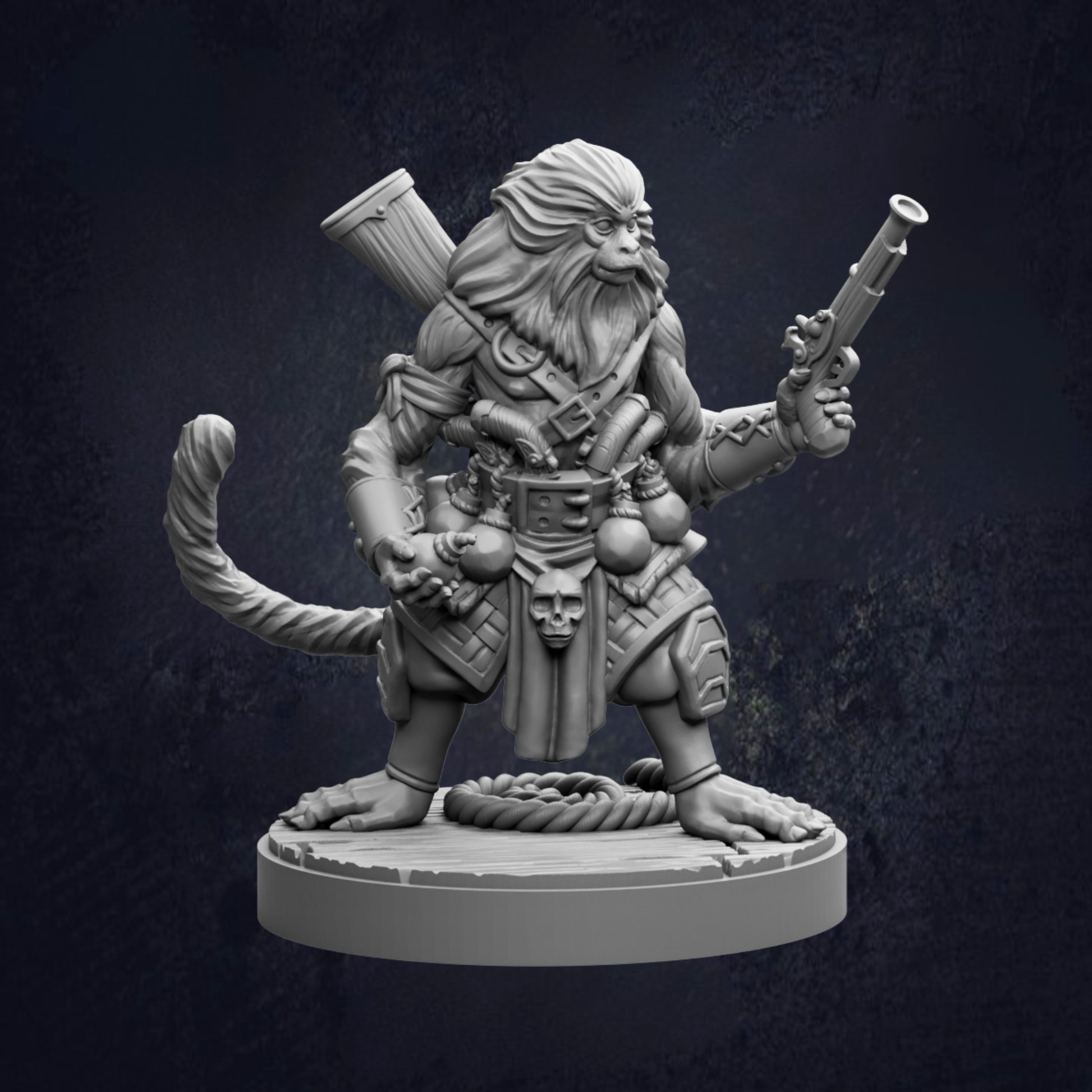A detailed 3D model of a monkey-like creature holding a gun and standing on a platform.