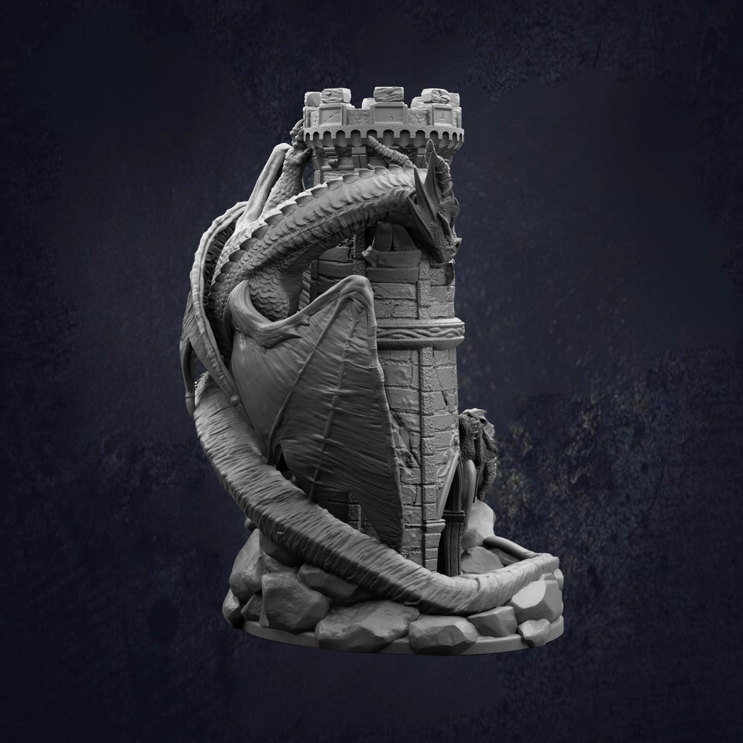 A detailed 3D model of a castle with a dragon perched on top, set against a dark background.