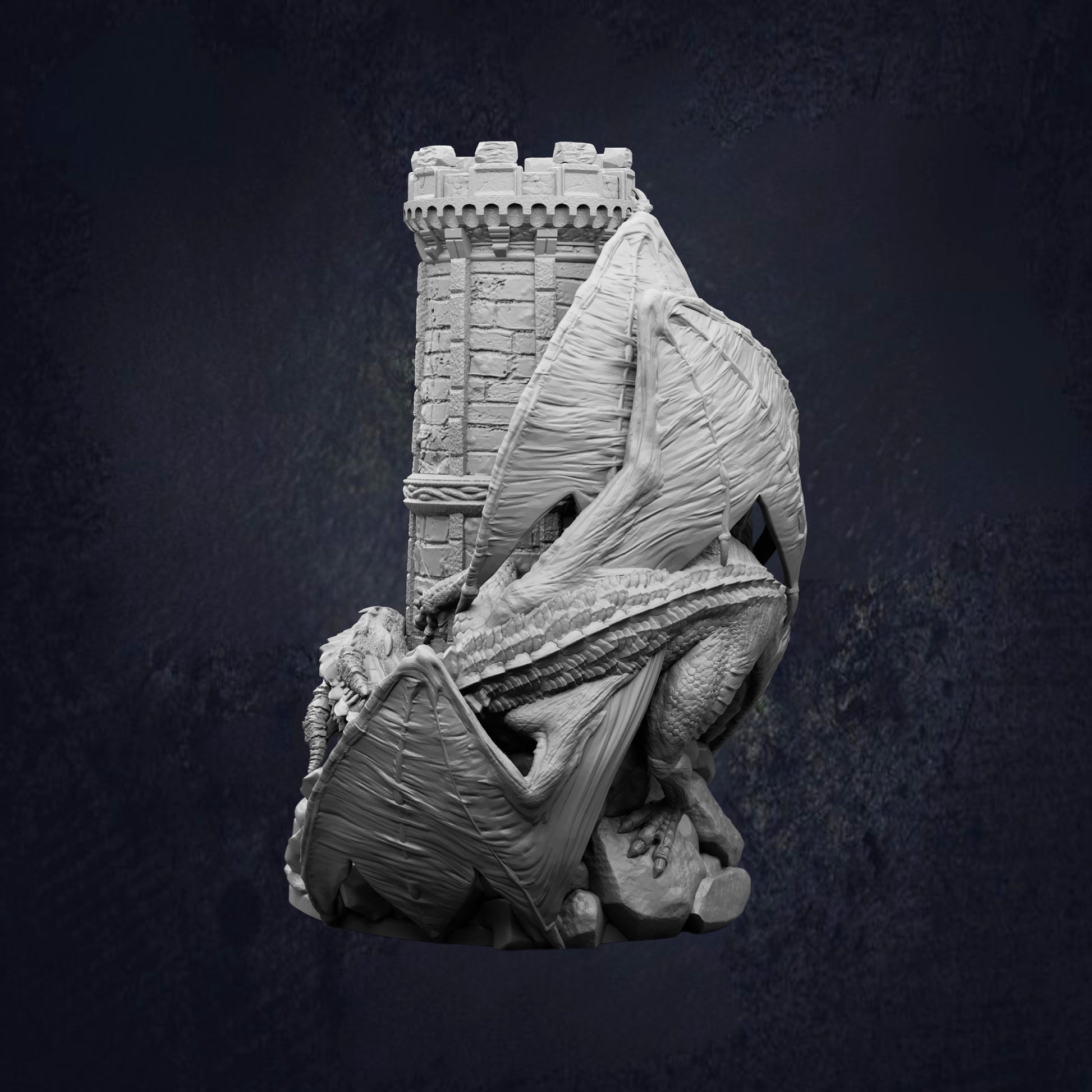A detailed 3D model of a castle with a tower, featuring intricate details and textures.
