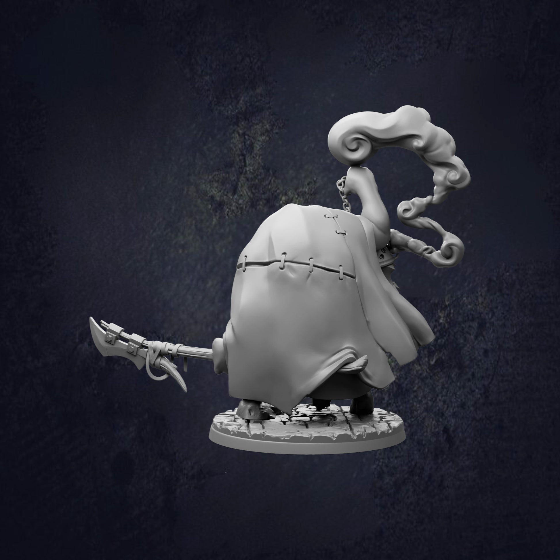 A 3D rendering of a fantastical creature, possibly a dragon or serpent, with a large, curled tail and a long, pointed weapon.