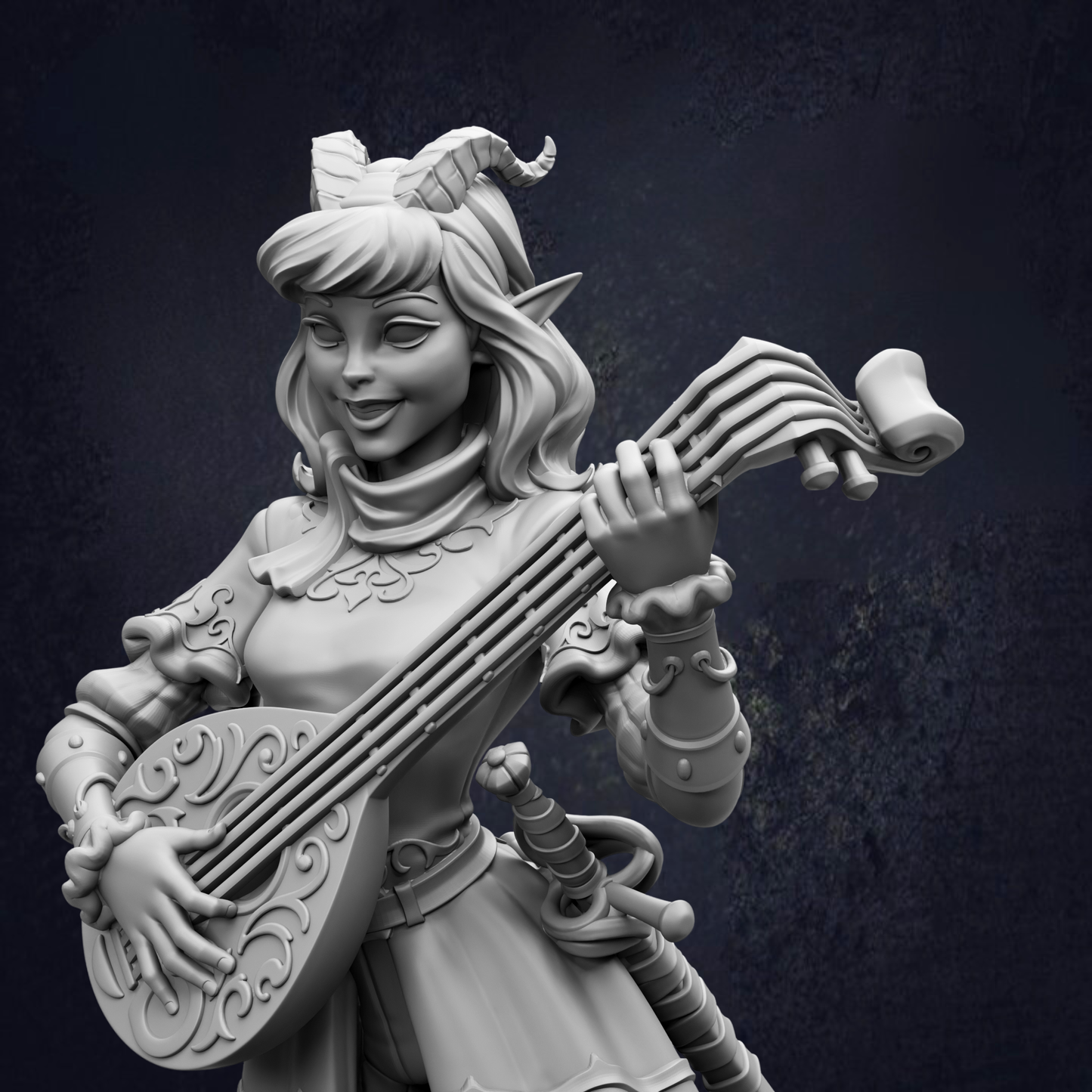 A detailed 3D model of a female character playing a lute, with intricate details and a whimsical expression.