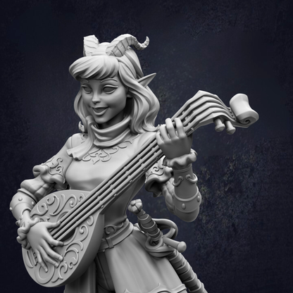 A detailed 3D model of a female character playing a lute, with intricate details and a whimsical expression.