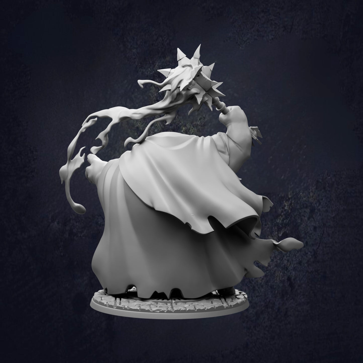 A 3D rendering of a fantastical creature with a flowing, ethereal cloak and a large, pointed horn-like object on its head.