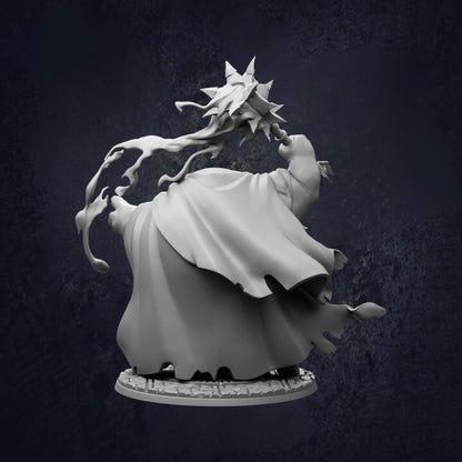 A 3D rendering of a fantastical creature with a flowing, ethereal cloak and a large, pointed horn-like object on its head.
