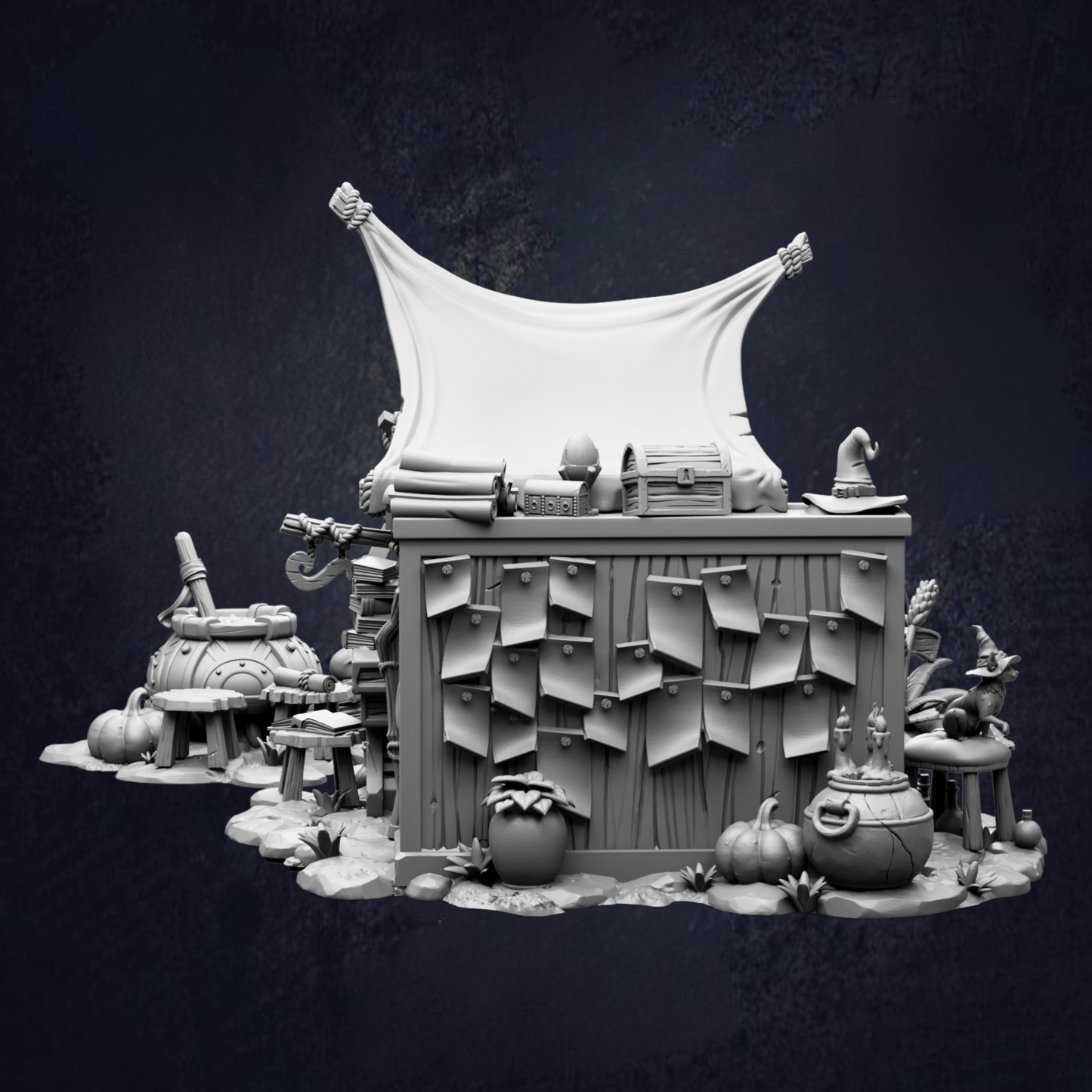 A whimsical, fantastical scene featuring a large, tent-like structure with various objects and decorations, including a hat, a pot, and a plant, all set against a dark background.