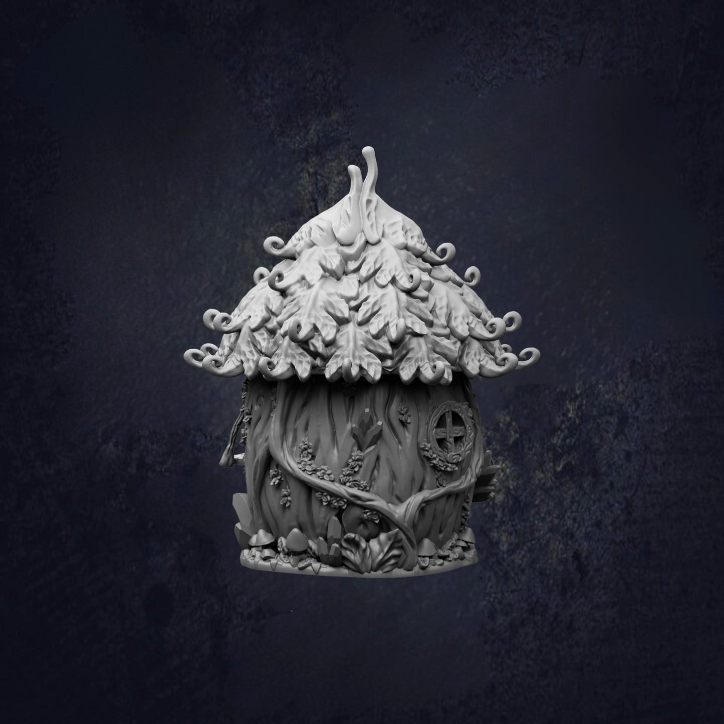 A whimsical, tree-like structure with a pointed roof and intricate details, resembling a fairy house or a small treehouse.