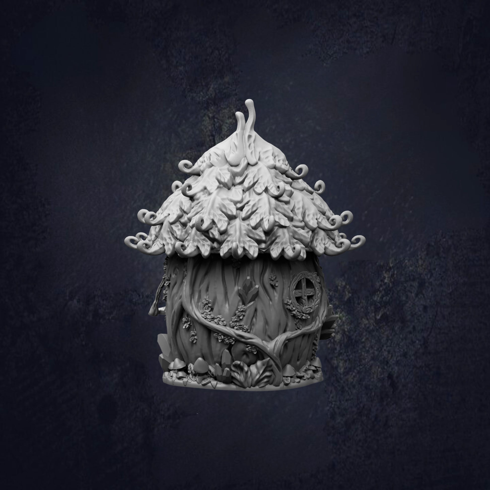 A whimsical, tree-like structure with a pointed roof and intricate details, resembling a fairy house or a small treehouse.