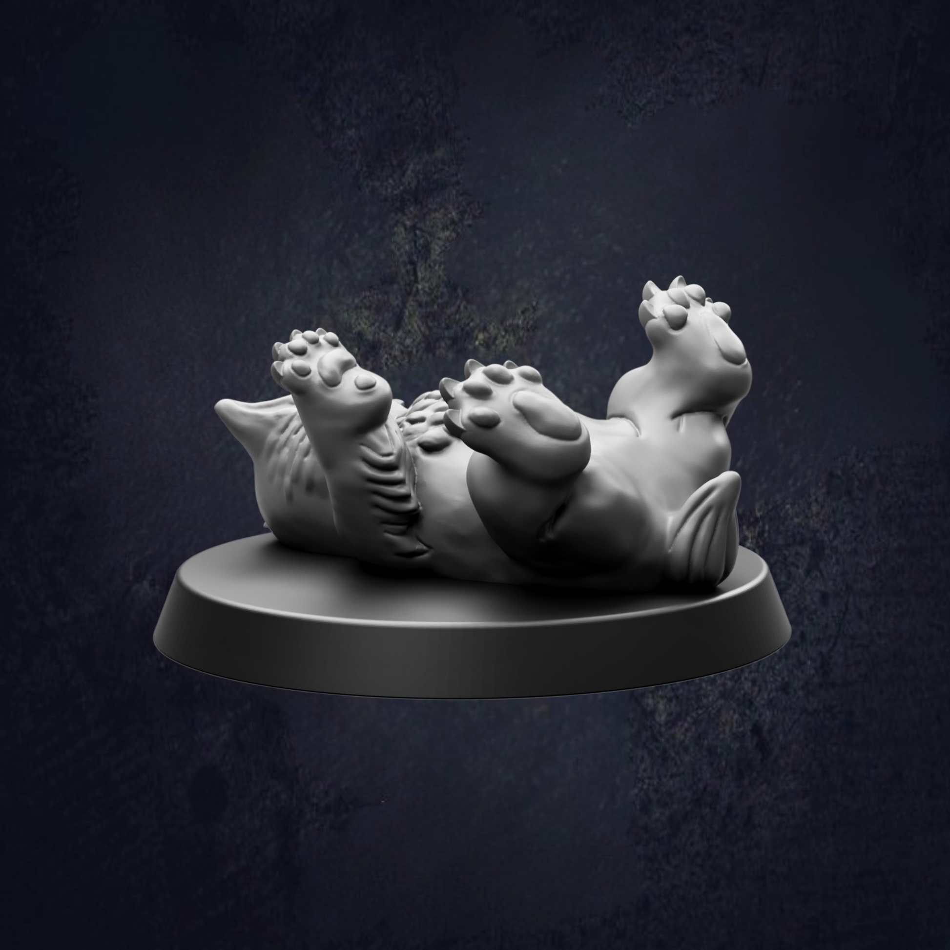 A 3D rendering of a cat lying on its back on a platform against a dark background.