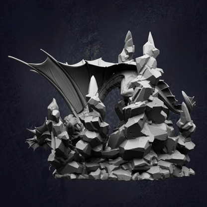 A detailed 3D rendering of a dragon-like creature with sharp teeth and claws, surrounded by jagged rocks and a dark background.