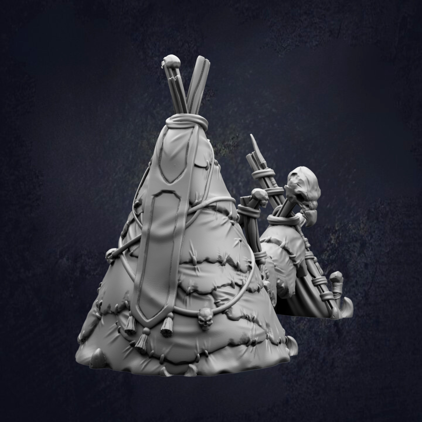 A 3D rendering of a skull-like figure with a tent-like structure on top, set against a dark background.