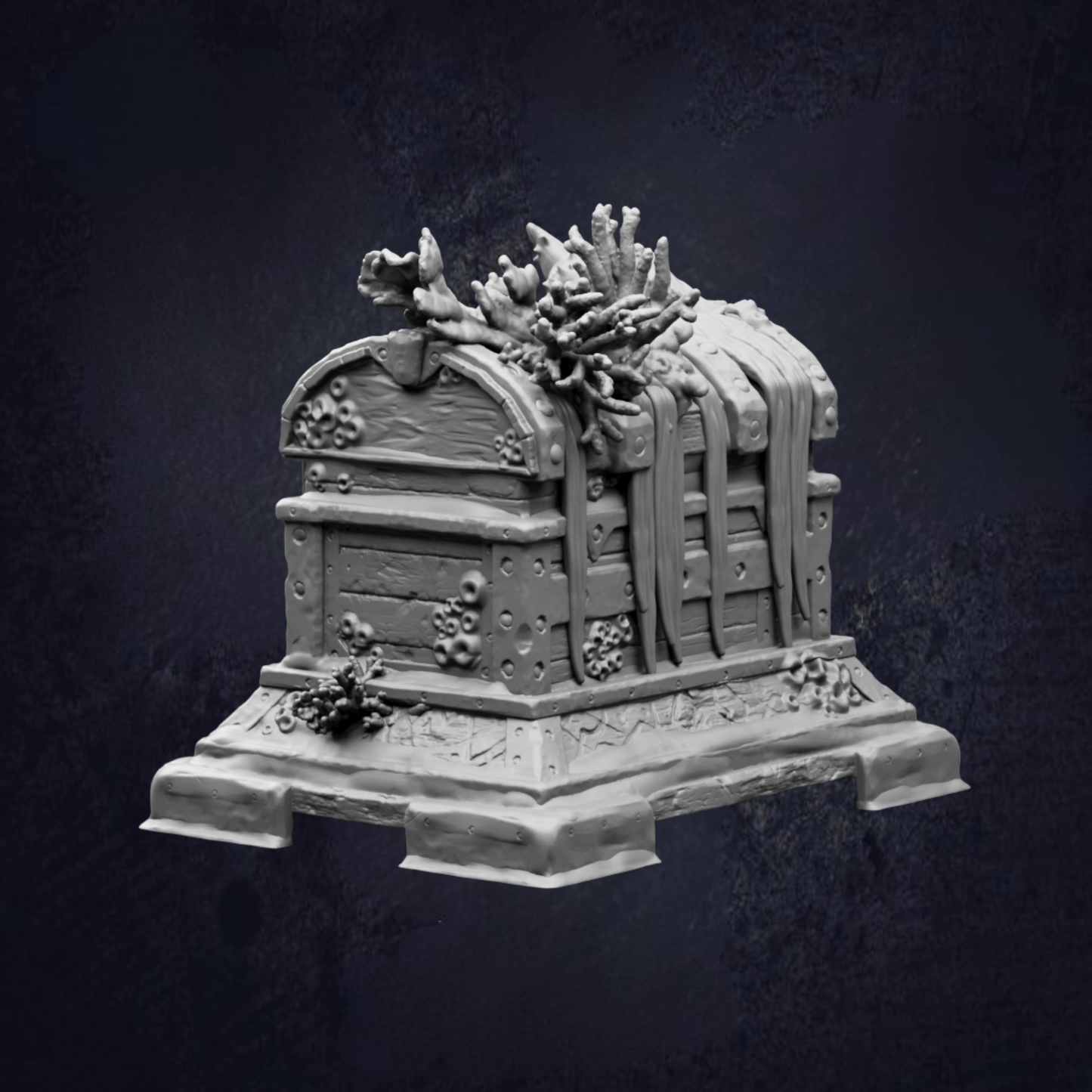 A detailed 3D model of a chest with intricate designs and decorations, including a floral motif and other ornamental elements, set against a dark background.