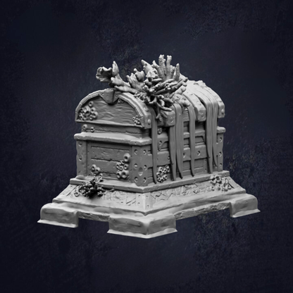 A detailed 3D model of a chest with intricate designs and decorations, including a floral motif and other ornamental elements, set against a dark background.