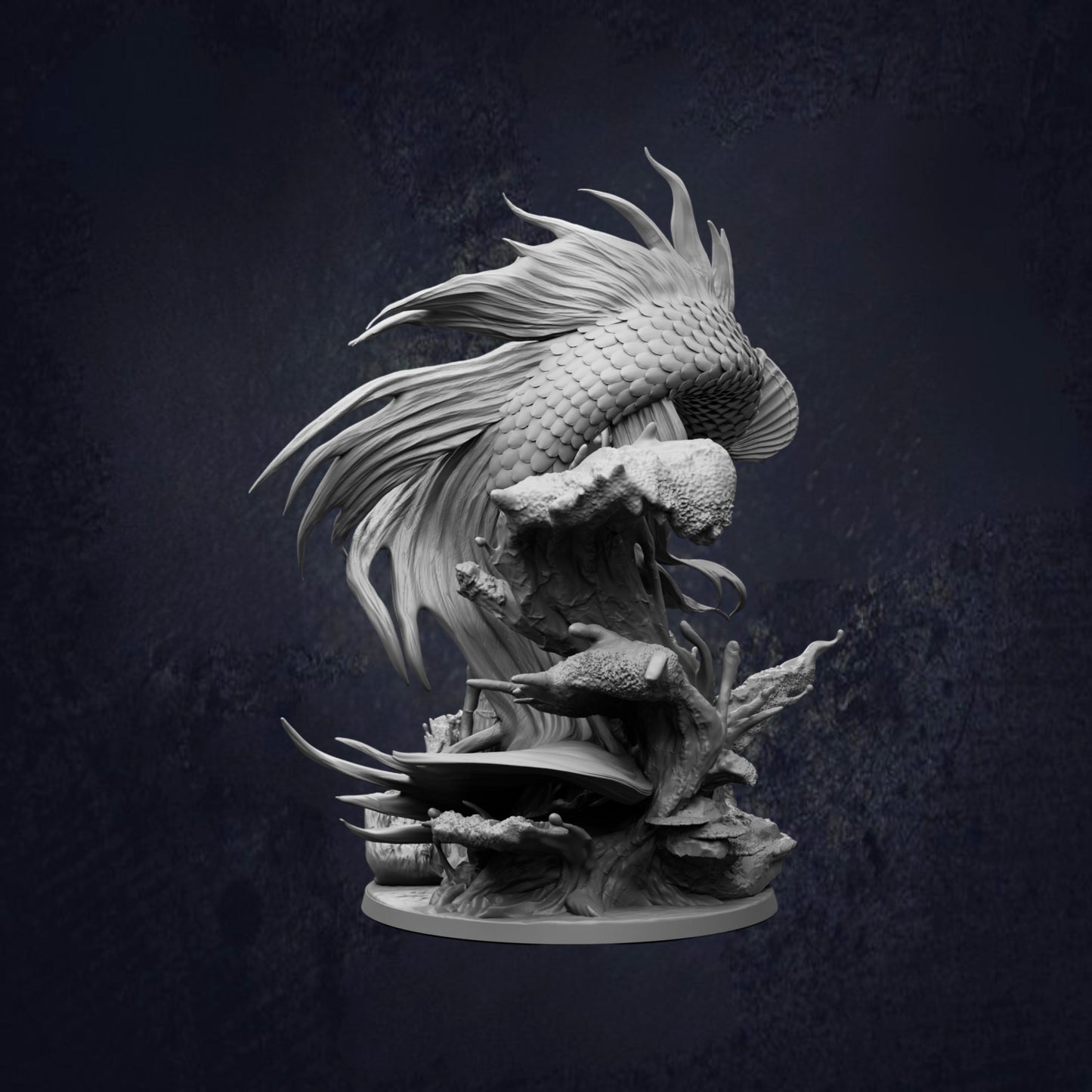 Rear side view of the Koi Dragon Gargantuan Ancient Water Dragon D&D RPG miniature, showing a serpentine dragon with flowing fins, whiskers and detailed scales rising from a rocky ocean base. 166mm tall on a 100mm base. Requires assembly.