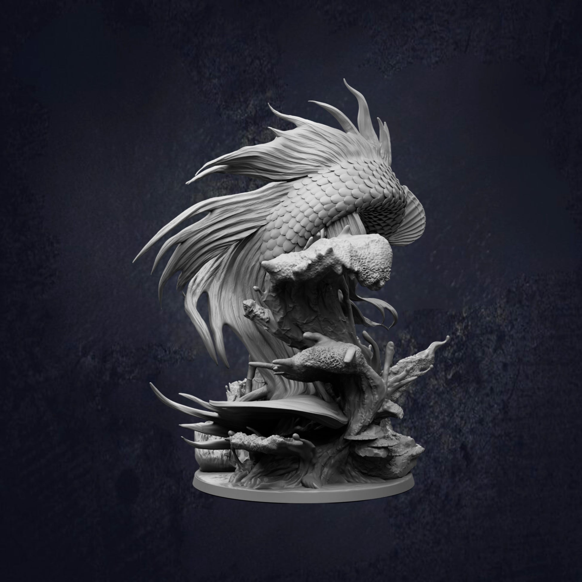 Rear side view of the Koi Dragon Gargantuan Ancient Water Dragon D&D RPG miniature, showing a serpentine dragon with flowing fins, whiskers and detailed scales rising from a rocky ocean base. 166mm tall on a 100mm base. Requires assembly.