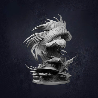 Rear side view of the Koi Dragon Gargantuan Ancient Water Dragon D&D RPG miniature, showing a serpentine dragon with flowing fins, whiskers and detailed scales rising from a rocky ocean base. 166mm tall on a 100mm base. Requires assembly.