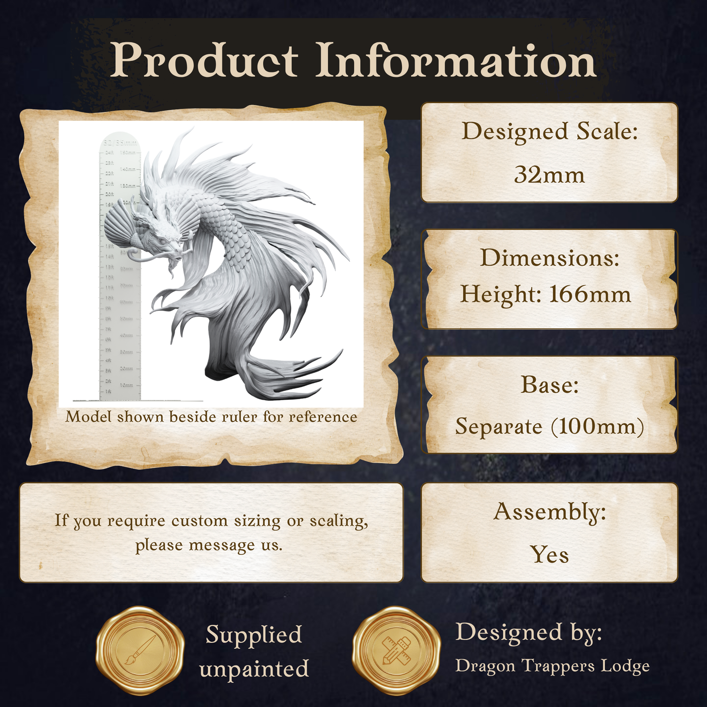 Product information data sheet of the Koi Dragon Gargantuan Ancient Water Dragon D&D RPG miniature, showing a serpentine dragon with flowing fins, whiskers and detailed scales rising from a rocky ocean base. 166mm tall on a 100mm base. Requires assembly.