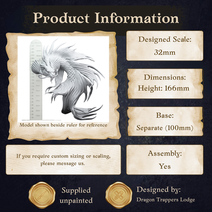 Product information data sheet of the Koi Dragon Gargantuan Ancient Water Dragon D&D RPG miniature, showing a serpentine dragon with flowing fins, whiskers and detailed scales rising from a rocky ocean base. 166mm tall on a 100mm base. Requires assembly.