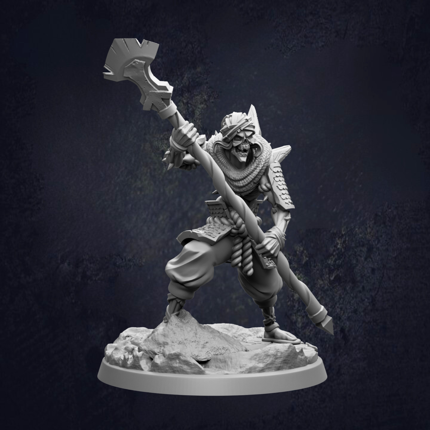 A 3D rendering of a warrior figure holding a large weapon, standing on a rocky base against a dark background.