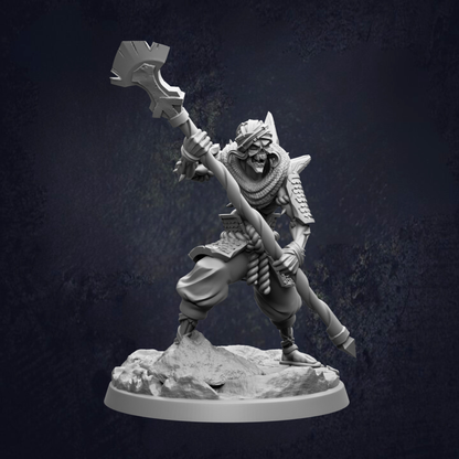 A 3D rendering of a warrior figure holding a large weapon, standing on a rocky base against a dark background.
