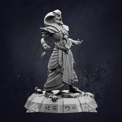 A detailed 3D model of a deity or mythological figure, standing on a platform and holding a weapon. The figure is wearing ornate, decorative clothing and has a fierce expression on their face.
