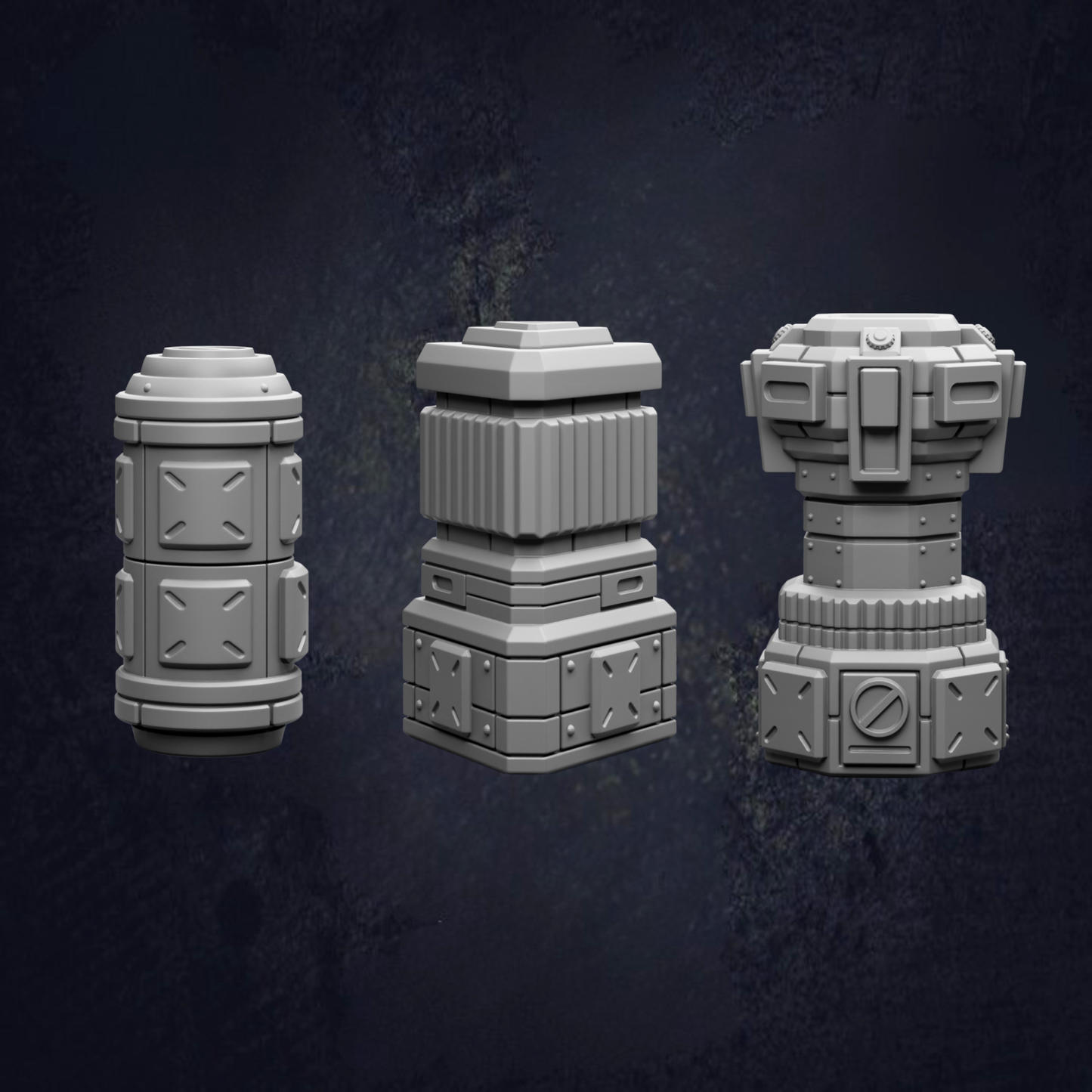three 3D models of futuristic-looking containers or cubes, each with unique geometric shapes and metallic textures, set against a dark background.