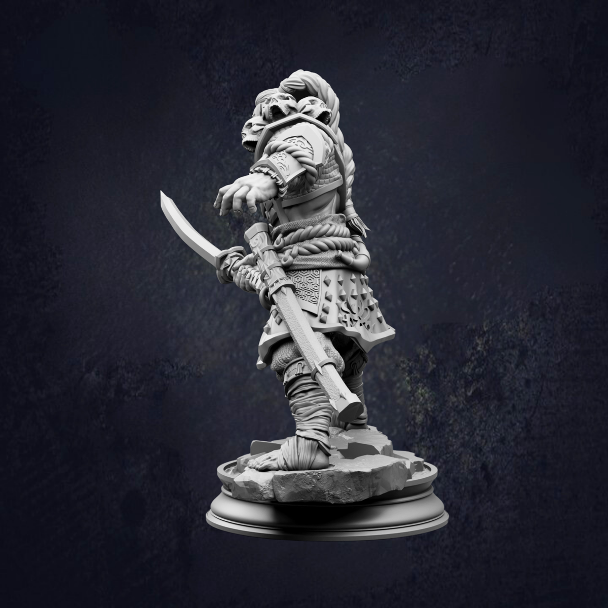 A detailed 3D model of a warrior figure holding a sword and shield, standing on a platform against a dark background.