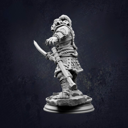 A detailed 3D model of a warrior figure holding a sword and shield, standing on a platform against a dark background.