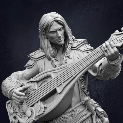 A detailed 3D model of a male character with long hair, wearing ornate armor and playing a lute.
