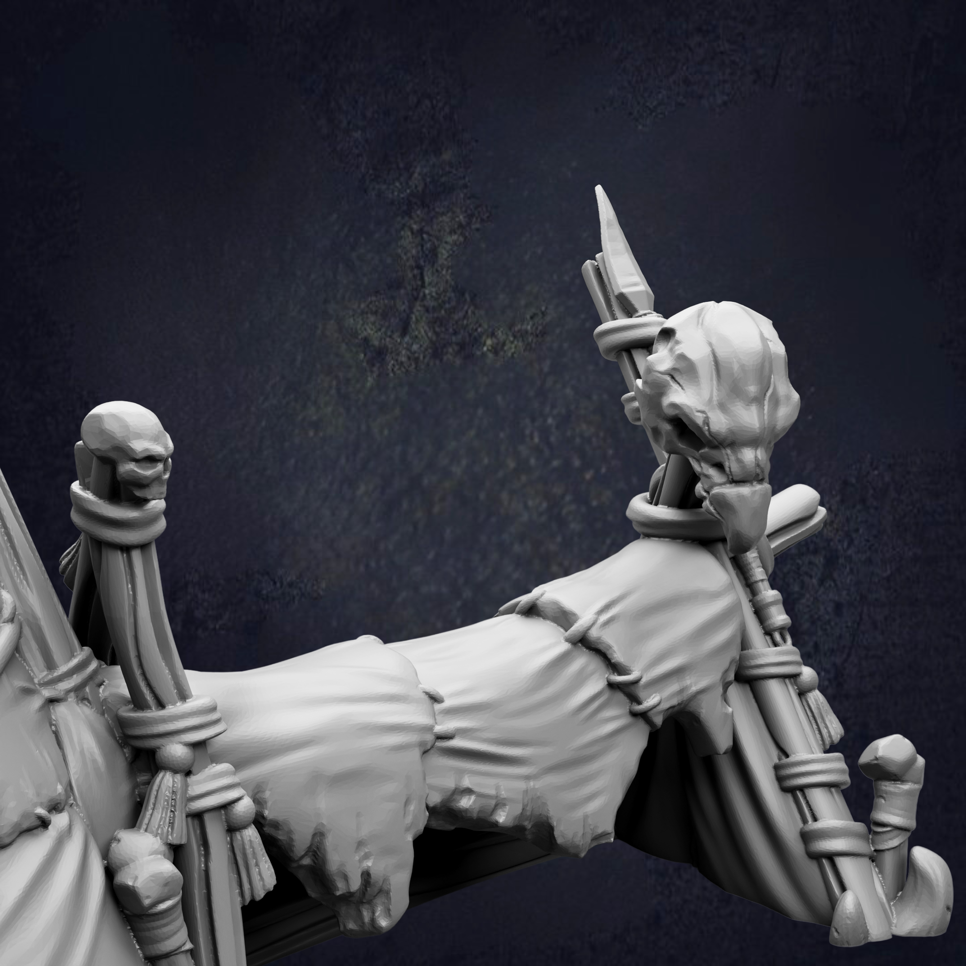 A detailed 3D rendering of a skull-like figure with a pointed weapon, set against a dark background.