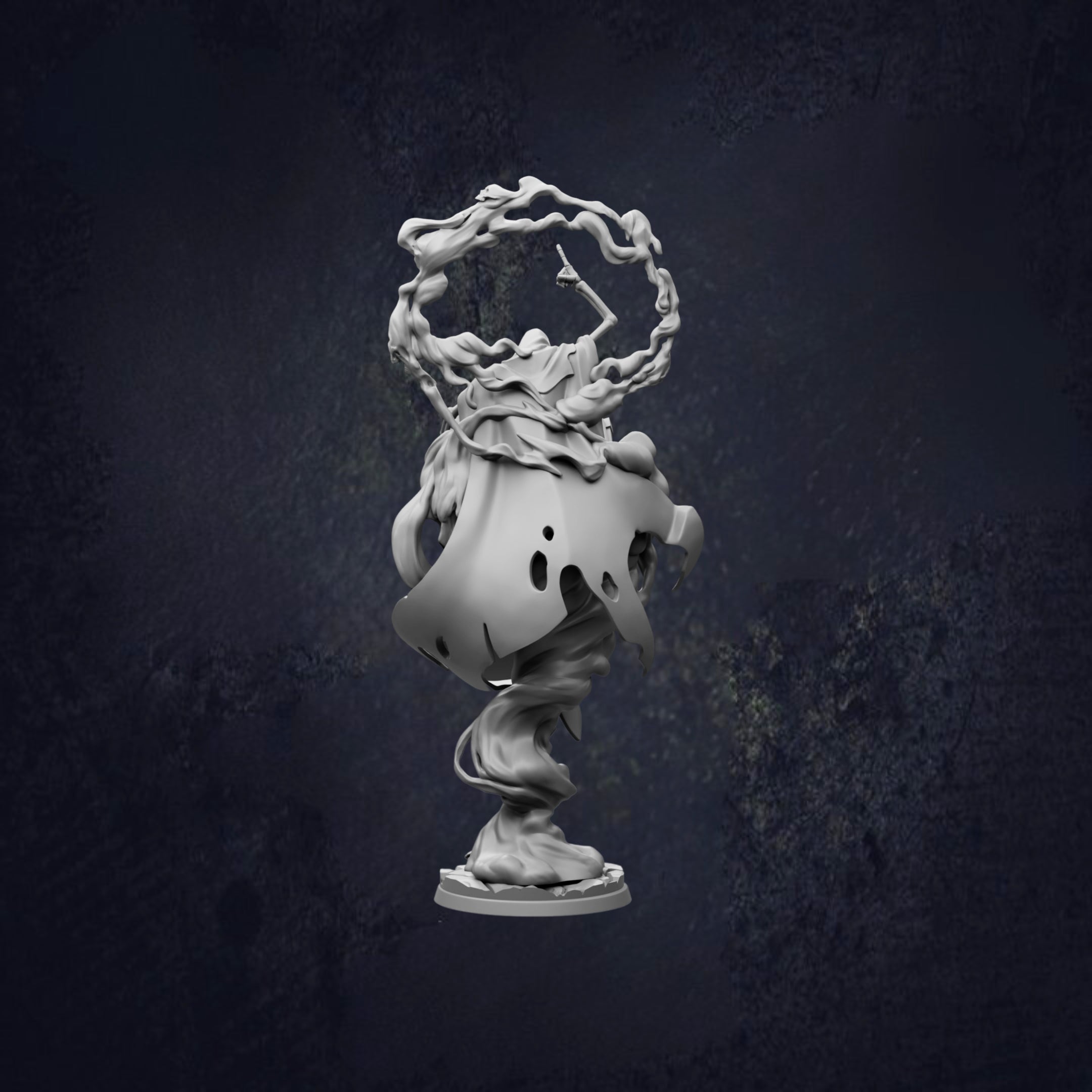 A 3D rendering of a stylized, abstract sculpture with a twisted, organic shape and a circular base.