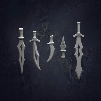 five white, sharp-looking swords or blades arranged in a row against a dark background.