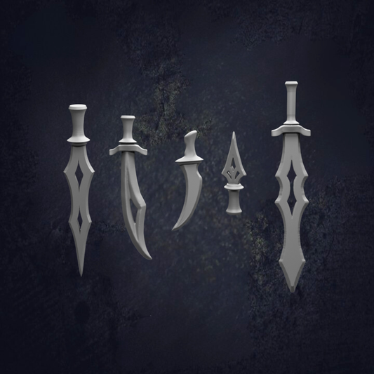 five white, sharp-looking swords or blades arranged in a row against a dark background.