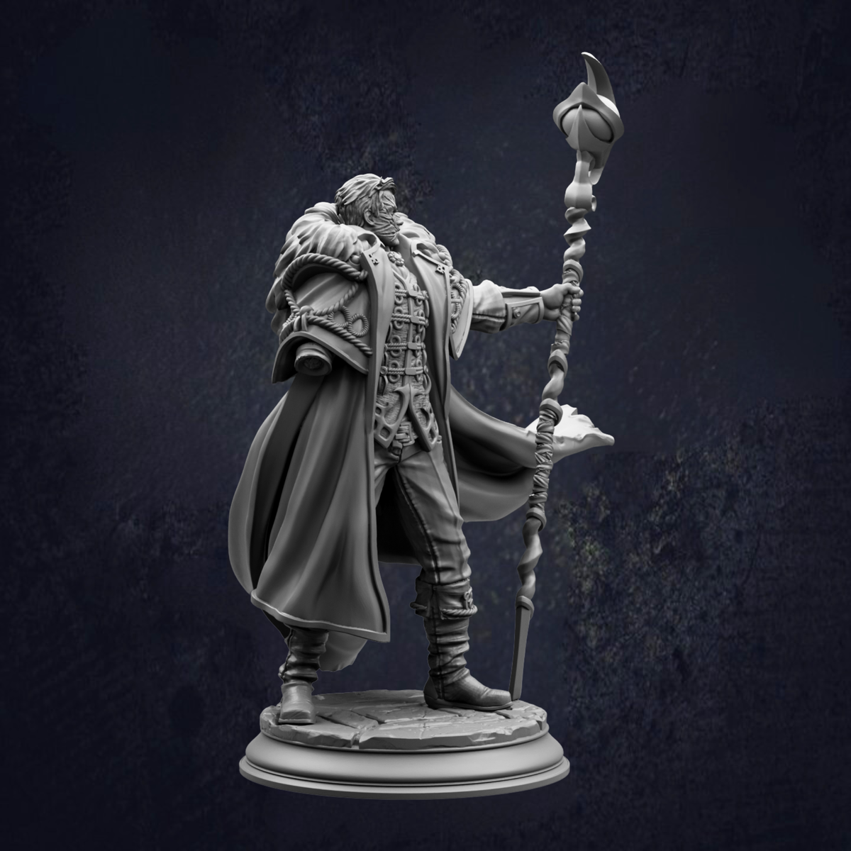 A detailed 3D model of a fantasy character holding a staff and a staff-like object, standing against a dark background.