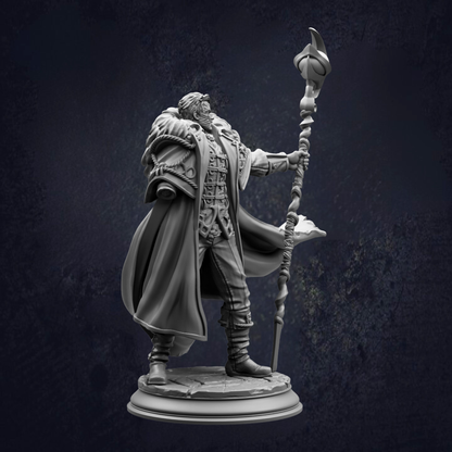 A detailed 3D model of a fantasy character holding a staff and a staff-like object, standing against a dark background.
