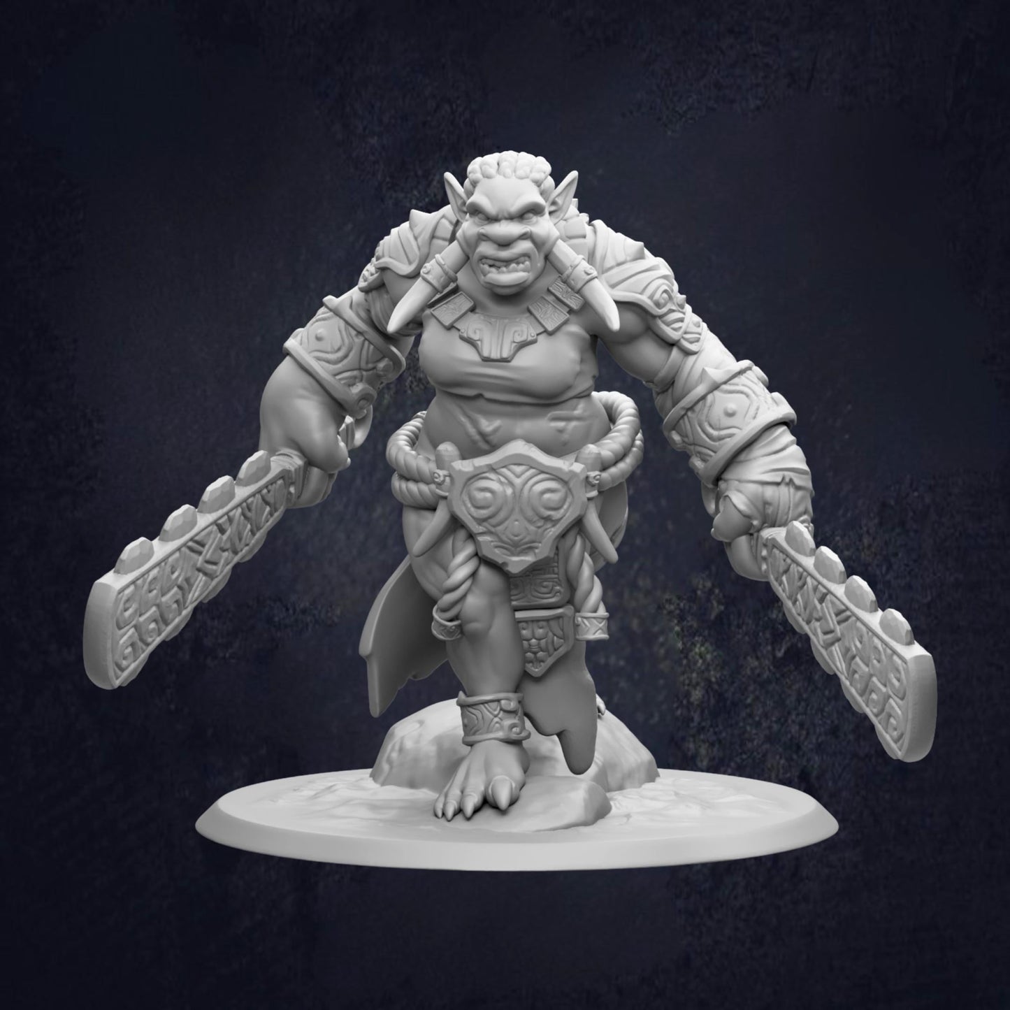 A detailed 3D model of a fierce-looking monster or dragon-like creature, with intricate armor and weapons, standing on a platform against a dark background.