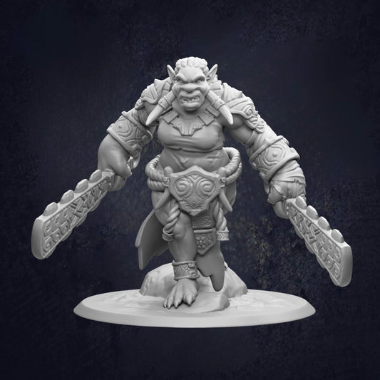 A detailed 3D model of a fierce-looking monster or dragon-like creature, with intricate armor and weapons, standing on a platform against a dark background.