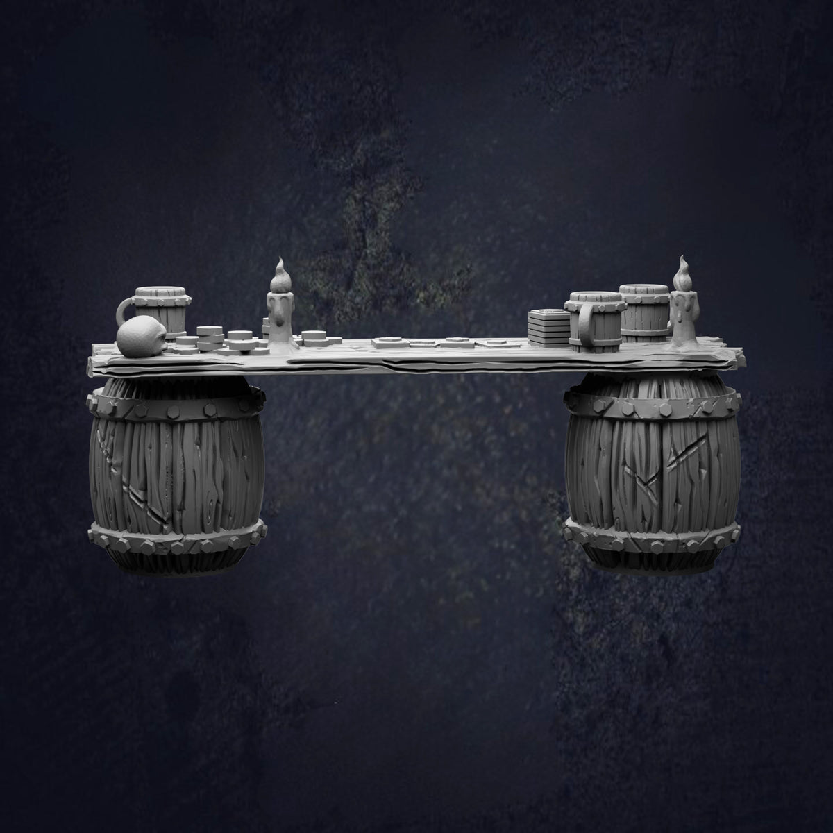A 3D rendering of a floating table with two large wooden barrels on either side, set against a dark background.