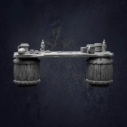 A 3D rendering of a floating table with two large wooden barrels on either side, set against a dark background.