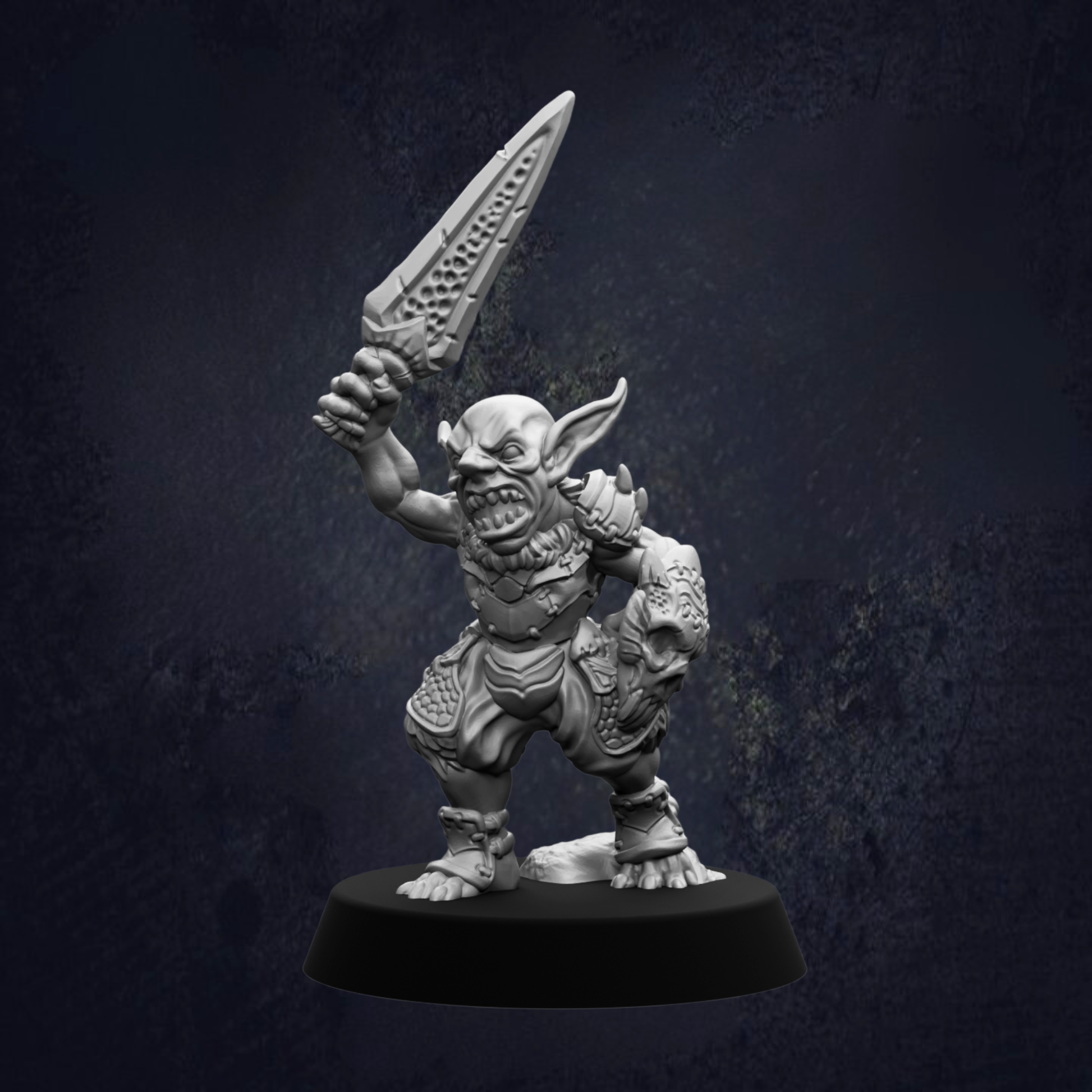 A 3D model of a fierce-looking, armored character holding a sword and standing on a base against a dark background.