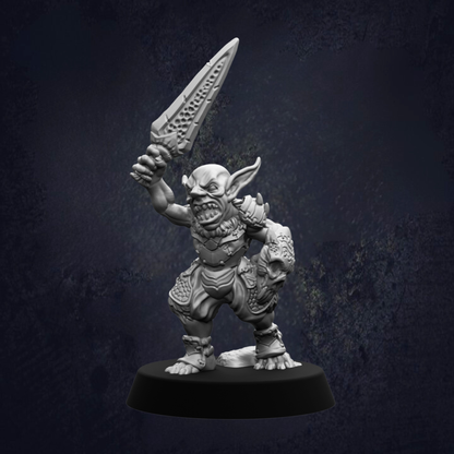 A 3D model of a fierce-looking, armored character holding a sword and standing on a base against a dark background.