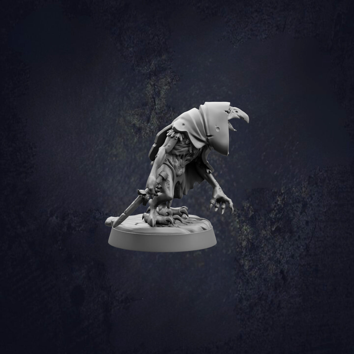 A small, dark-colored figurine of a creature with a hooded head and sharp claws, standing on a base and holding a weapon.