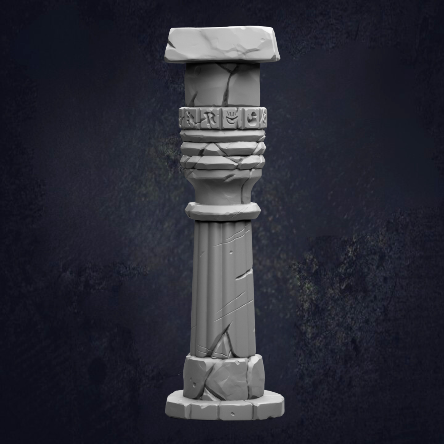 A white stone column with a carved design on the top, set against a dark background.