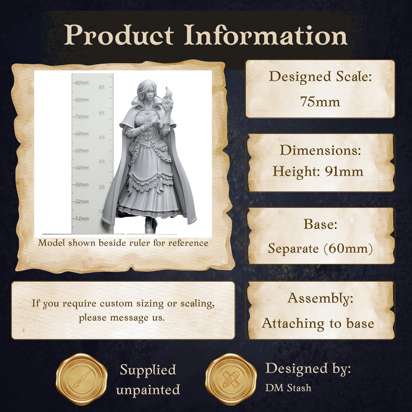 The image is a product information graphic that provides details about a 75mm model shown beside a ruler for reference. It includes dimensions, a base, and assembly instructions. The image is a collage of multiple images, and it is not a single image but a collection of images. The phrase "Please message us" is used to indicate that the image is a collage and not a single image. The designer of the product is DM Stash.