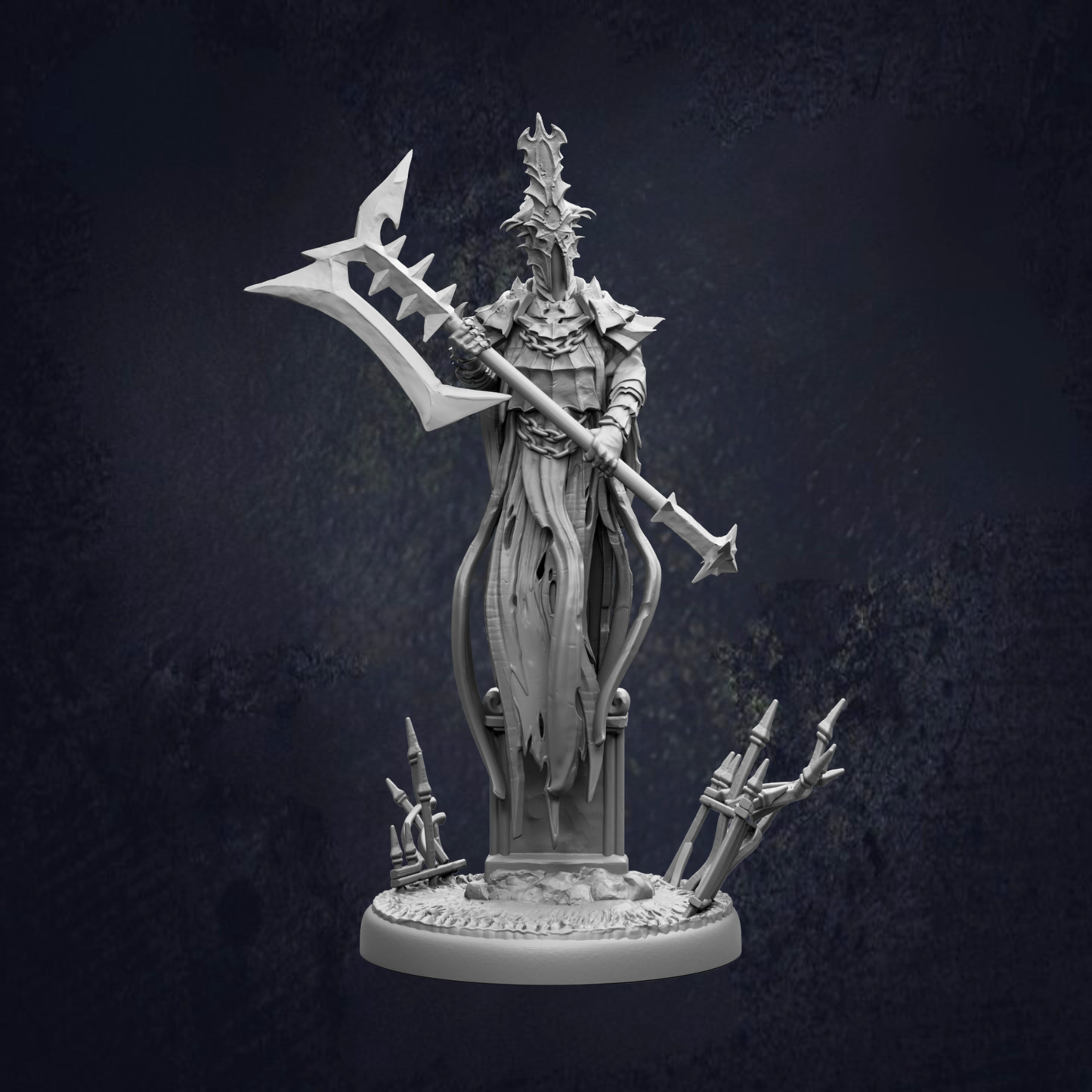 A dark, moody statue of a figure wielding a large weapon, standing on a pedestal with smaller, indistinct figures in the background.