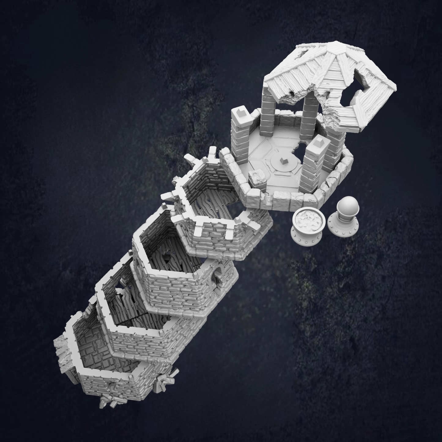 A 3D rendering of a castle-like structure with multiple levels and a gazebo-like structure on top.
