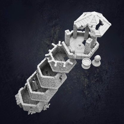 A 3D rendering of a castle-like structure with multiple levels and a gazebo-like structure on top.