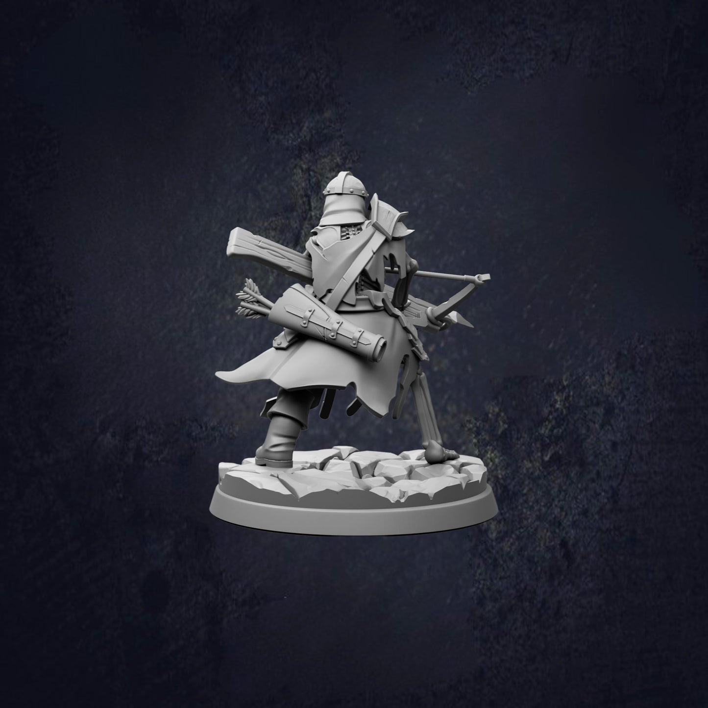 A 3D model of a knight in armor, holding a sword and shield, standing on a base against a dark background.