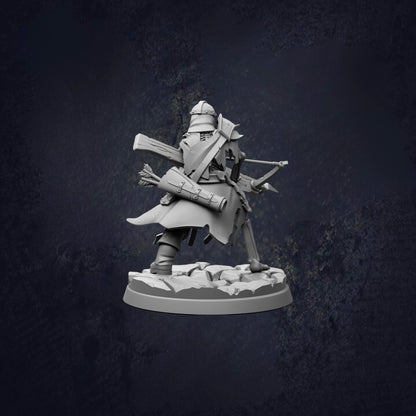 A 3D model of a knight in armor, holding a sword and shield, standing on a base against a dark background.